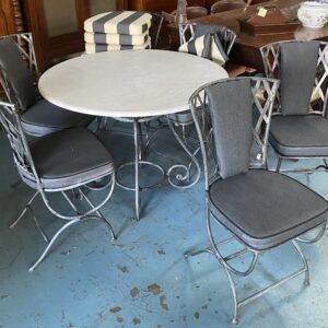 Quality Le Forge Cast Iron Table and 6 Chairs with 2 Lots of Upholstery Marble Top and Protective Covers