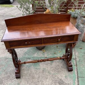 Early Cedar Lyre Ended 2 Drawer Side Table with Scroll Feet C1860
